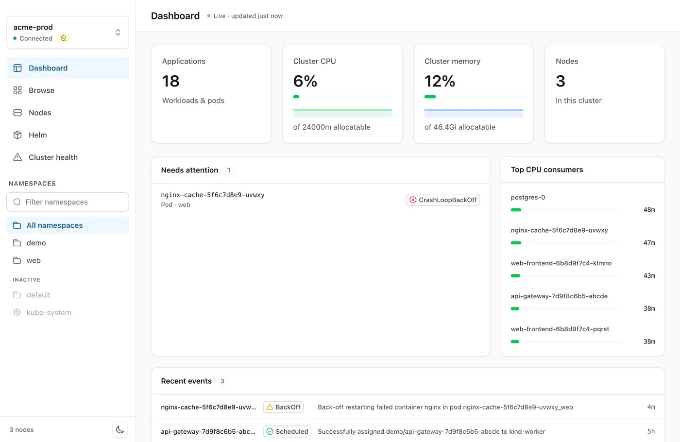 Glauco's cluster dashboard on the Mac: CPU and memory use, a pod in CrashLoopBackOff that needs attention, and the top CPU consumers